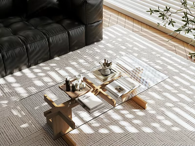 Glass Coffee Table With Wooden Legs On Rug Near Black Leather Sofa And Sunlight Patterns 3d model