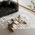 Glass Coffee Table With Wooden Legs On Rug Near Black Leather Sofa And Sunlight Patterns