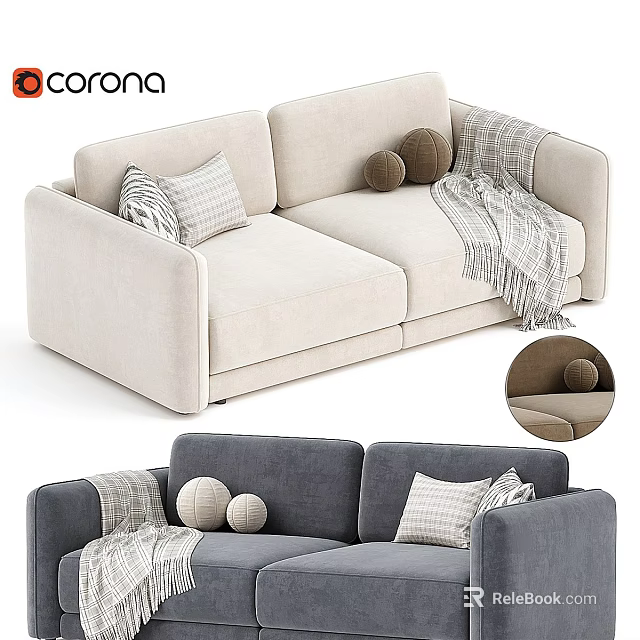 Elegant Beige and Gray Two Seater Sofa With Patterned Pillows Knitted Blanket and Decorative Balls 3d model 