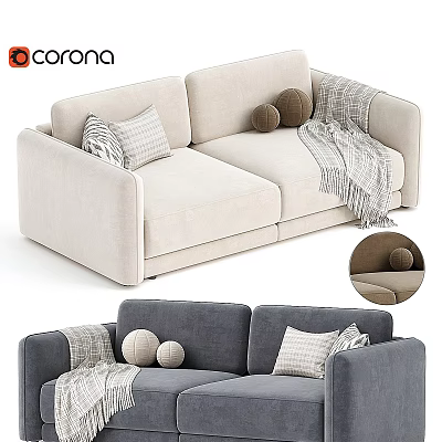 Elegant Beige and Gray Two Seater Sofa With Patterned Pillows Knitted Blanket and Decorative Balls 3d model