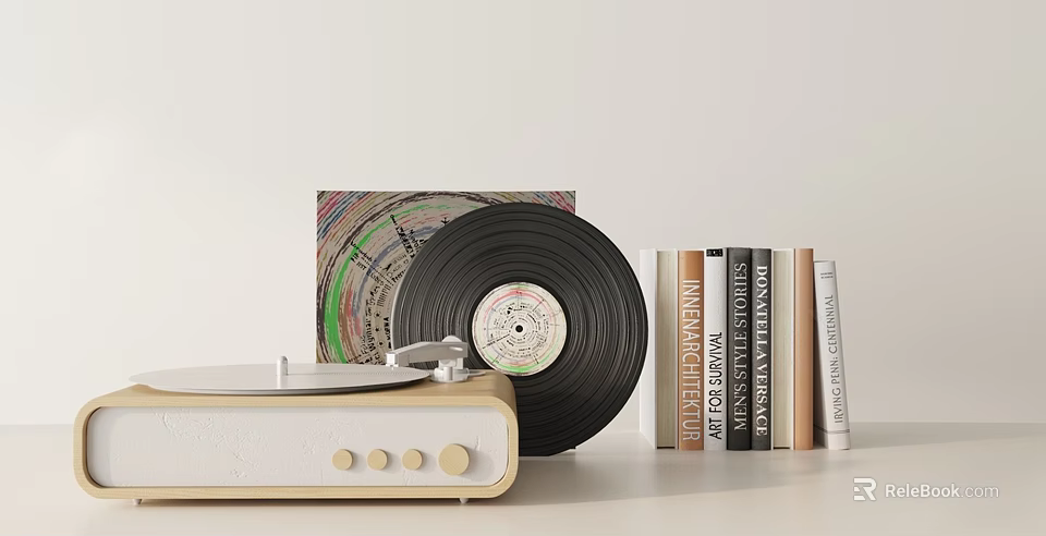 HiFi Headphones and Speakers with Vintage Record Player Vinyl Record and Books 3d model 
