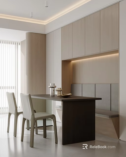 Modern Restaurant Interior With Wooden Cabinets Light Walls Dark Dining Table And White Chairs 3d model