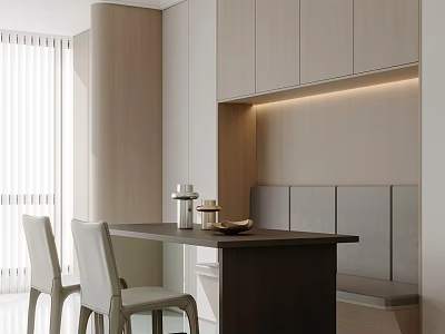 Modern Restaurant Interior With Wooden Cabinets Light Walls Dark Dining Table And White Chairs 3d model