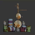 Rusty Industrial Scene With Colorful Oil Drums Crane Structure And Metal Discs