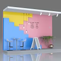 Colorful Window Display With Staircase Design Yellow Pendant Lights Bar Stools Signboard And Green Plants