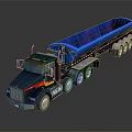 Black Heavy Duty Dump Truck with Blue Trailer Multiple Wheels and Reflective Finish on Dark