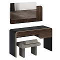 Modern Dark Wood Dressing Table With Mirror Storage Drawers And Upholstered Stool