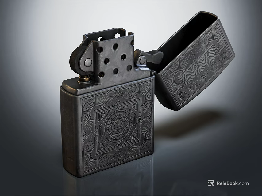 Black Metal Engraved Lighter With Open Lid And Intricate Patterns 3d model 