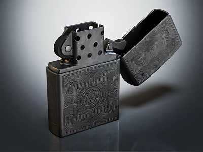 Black Metal Engraved Lighter With Open Lid And Intricate Patterns 3d model
