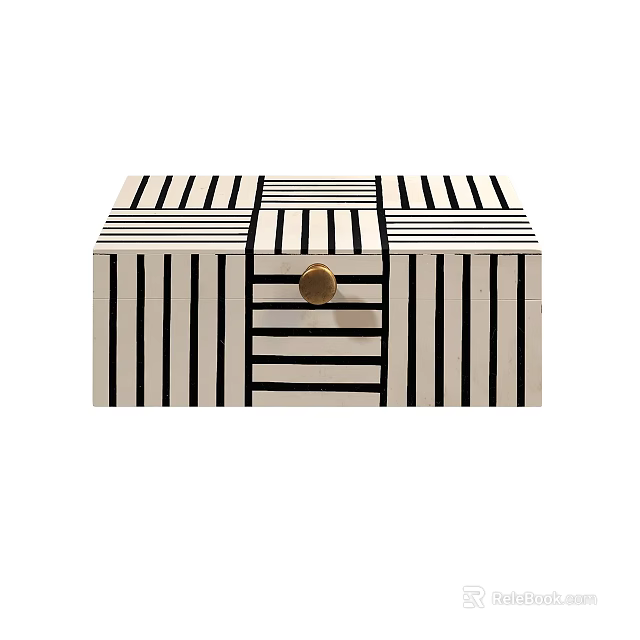 Black And White Striped Decorative Storage Box With Gold Knob Design 3d model 