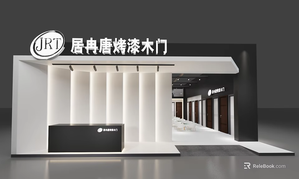 JRT Painted Wooden Door Showroom Featuring White Columns And Black Reception Desk 3d model 