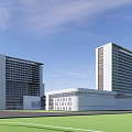 Modern Hospital Building Complex Featuring Glass Facade Red Signage And High Rise