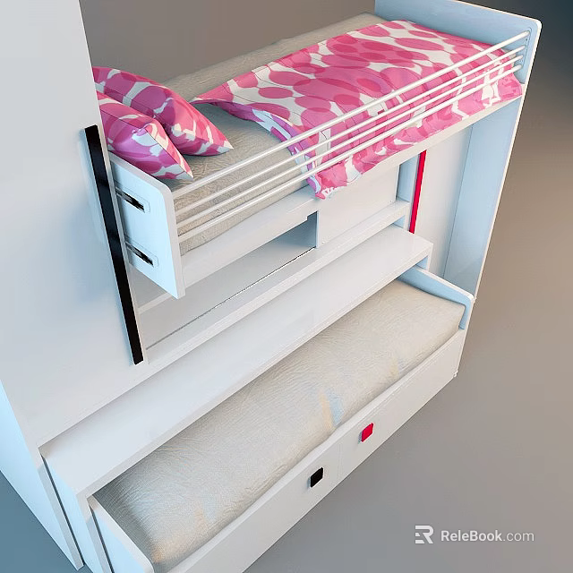Pink And White Bunk Bed With Storage Drawers And Comfortable Mattress 3d model 