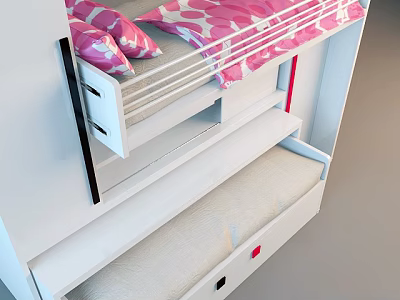 Pink And White Bunk Bed With Storage Drawers And Comfortable Mattress 3d model