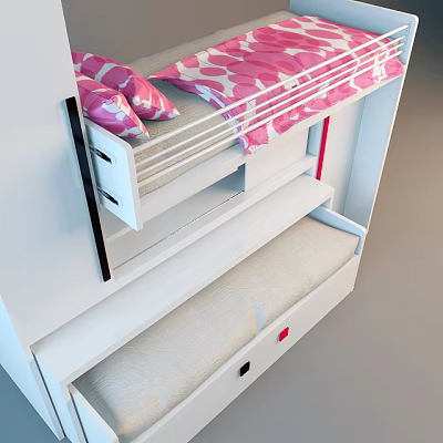 Pink And White Bunk Bed With Storage Drawers And Comfortable Mattress 3d model