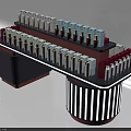 Modern Retail Display Shelf With Multicolored Cosmetic Products And Striped Pillars