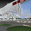 Modern Architectural Exterior With Curved Metal Facade Glass Wall And Red Accents