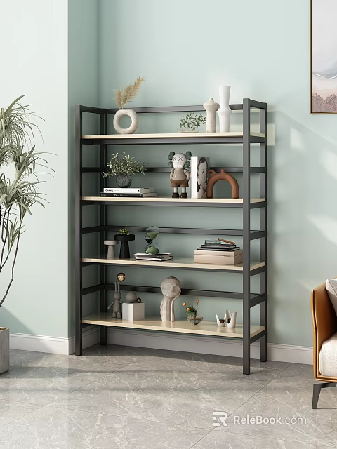 Modern Metal Frame Wooden Shelf With Decorative Vases Figurines Small Plants Books And Boxes 3d model 