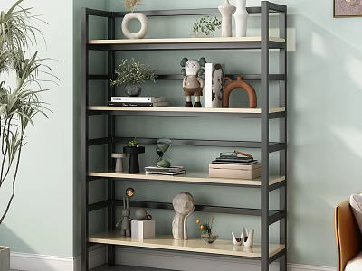 Modern Metal Frame Wooden Shelf With Decorative Vases Figurines Small Plants Books And Boxes 3d model