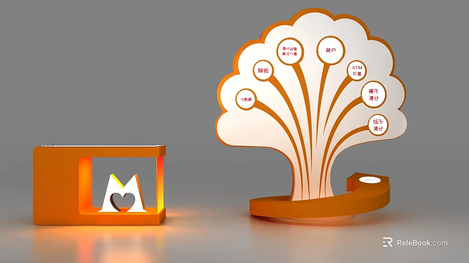 Modern Decorative Display With Tree Shaped Structure Circular Labels Orange Showcase And Heart Design Elements 3d model 