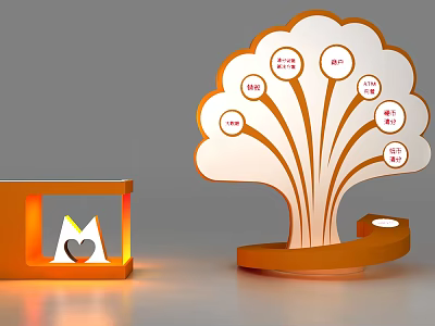 Modern Decorative Display With Tree Shaped Structure Circular Labels Orange Showcase And Heart Design Elements 3d model