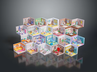 Colorful Cartoon Scene Featuring Multiple Hexagonal Room Models With Various Layouts Furniture And Decorations 3d model