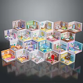 Colorful Cartoon Scene Featuring Multiple Hexagonal Room Models With Various Layouts Furniture And Decorations