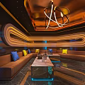 Luxury KTV Room Interior With Neon Lights Sofas And Coffee Tables