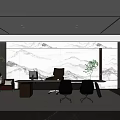 Modern Office Interior Design With Large Desk Green Plants And Marble Feature Wall