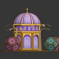 Decorative Dome Structure With Palm Trees And Colorful Spherical Ornaments On Blue Base