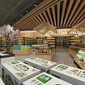 Bright Modern Supermarket with Spacious Layout Shelves Full of Various Products and Checkout Counter