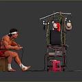Shirtless Man With White Headband Playing Arcade Game At Traditional Japanese Stall