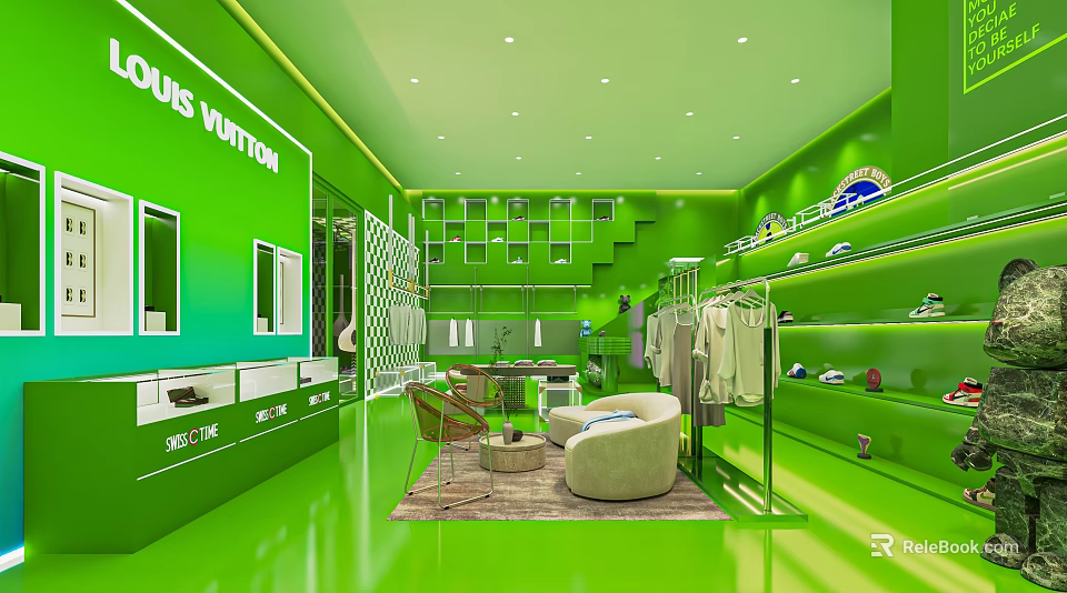 Louis Vuitton Green Clothing Store Interior With Displayed Clothes Shelves Chair And Rug 3d model 