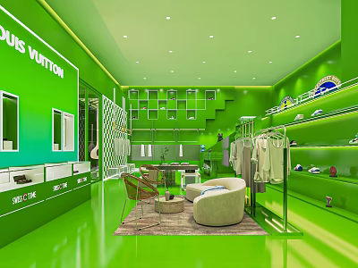 Louis Vuitton Green Clothing Store Interior With Displayed Clothes Shelves Chair And Rug 3d model