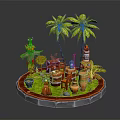 Cartoon Scene With Palm Trees Scarecrow Clay Pots And Wooden Barrels On Circular Platform