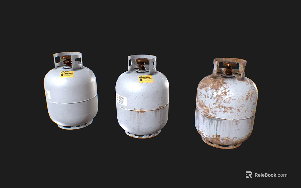 Three Industrial Propane Tanks Showing Various Degrees of Wear and Rust 3d model 