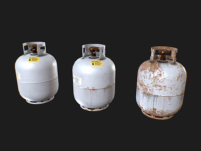Three Industrial Propane Tanks Showing Various Degrees of Wear and Rust 3d model