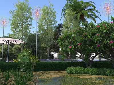Bright Sunny Park Landscape With Lush Tropical Trees Blooming Flowers And Unique Decorative Outdoor Lights 3d model