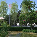 Bright Sunny Park Landscape With Lush Tropical Trees Blooming Flowers And Unique Decorative Outdoor Lights