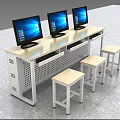Three Computer Monitors On Light Wood Desk With White Stools And Workspace 3d model