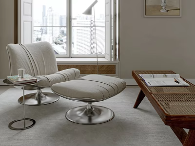 Upholstered Modern Accent Chair With Metal Base Ottoman And Side Table By Window City View 3d model