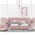 Soft Pink Double Bed Interior With Round Side Tables And Hanging Lamps