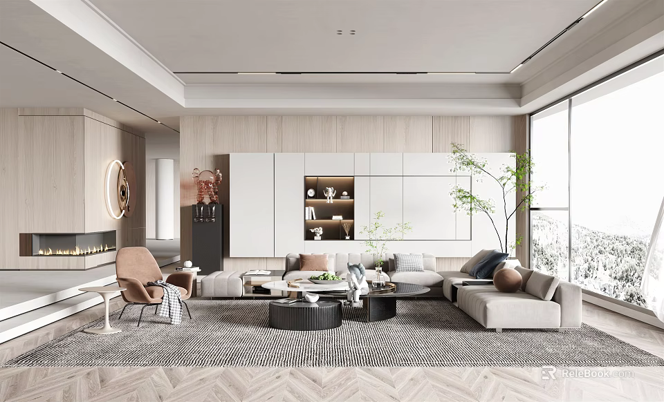 Modern Living Room Interior Design With Light Beige Sofa Wooden Elements And Herringbone Rug 3d model 