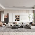 Modern Living Room Interior Design With Light Beige Sofa Wooden Elements And Herringbone Rug