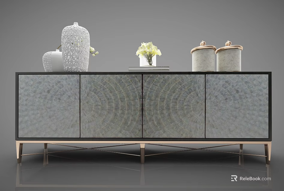 Modern Decorative Cabinet With Textured Surface Metal Legs Vase White Flowers And Jars 3d model 