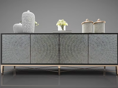 Modern Decorative Cabinet With Textured Surface Metal Legs Vase White Flowers And Jars 3d model