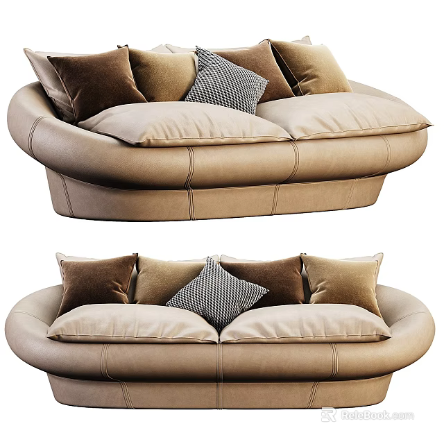Double Sofa Modern Rounded Design Light Brown Leather Upholstery With Multiple Beige Brown Striped Pillows 3d model 