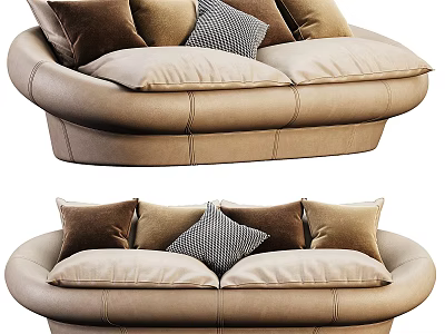 Double Sofa Modern Rounded Design Light Brown Leather Upholstery With Multiple Beige Brown Striped Pillows 3d model