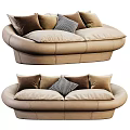 Double Sofa Modern Rounded Design Light Brown Leather Upholstery With Multiple Beige Brown Striped Pillows