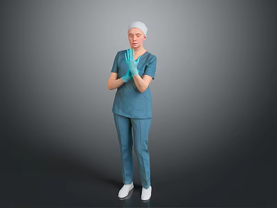 Woman in blue scrubs white cap and blue gloves with hands crossed against gray background 3d model